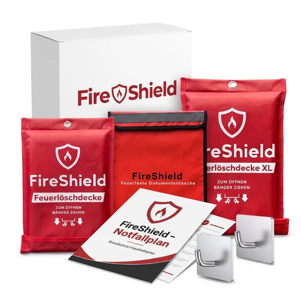FireShield Familien-Set: Feuerlöschdecke, XL-Löschdecke, feuerfeste Dokumententasche, Notfallplan und Wandhaken.